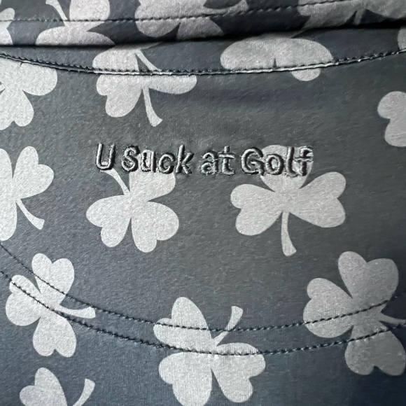 USAG U Suck At Golf Polo Mens Sz M Dark Gray Shamrock Print Performance Shirt. - Picture 5 of 5